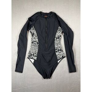 AXESEA Womens Long Sleeve Rash Guard One Piece Swimsuit Black Tribal Size 10